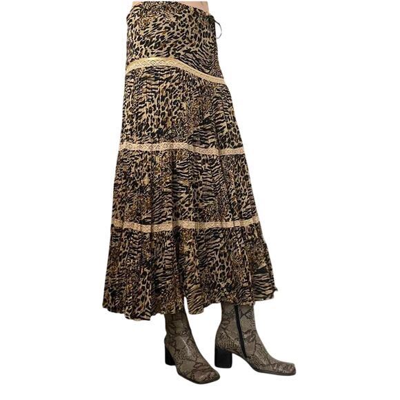 ZOE D. Skirt Maxi Leopard Lace Tiered Elastic Waist Metallic Thread Prairie - Picture 1 of 14